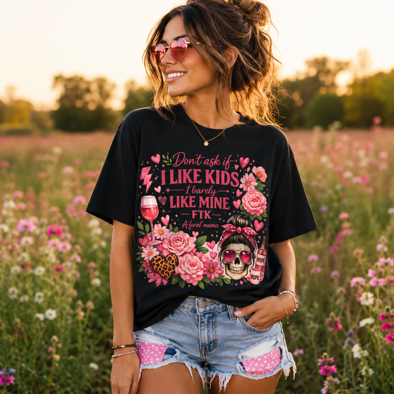 T-Shirt — "Don't Ask If I Like Kids I Already Like Mine" Floral Skull Mom Tee