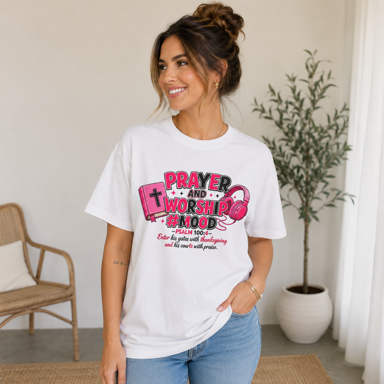 Prayer & Worship Mood T-Shirt — Christian Faith Graphic Tee (Psalm 100)
