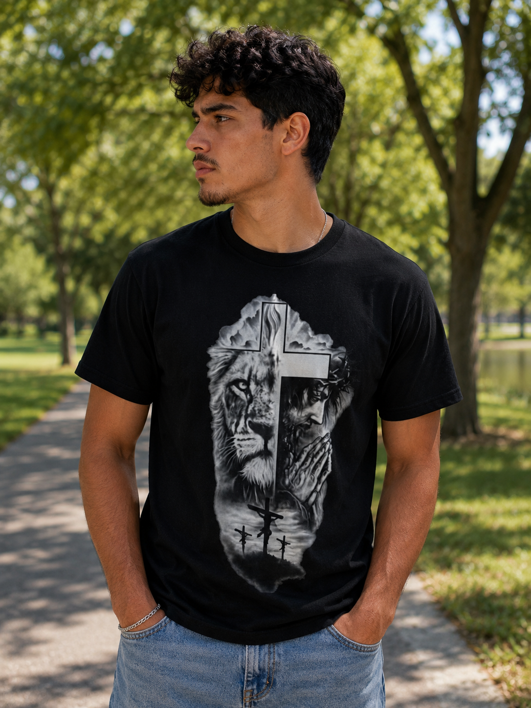 Christian Lion Cross T-Shirt — Spiritual Faith Graphic Tee for Men & Women